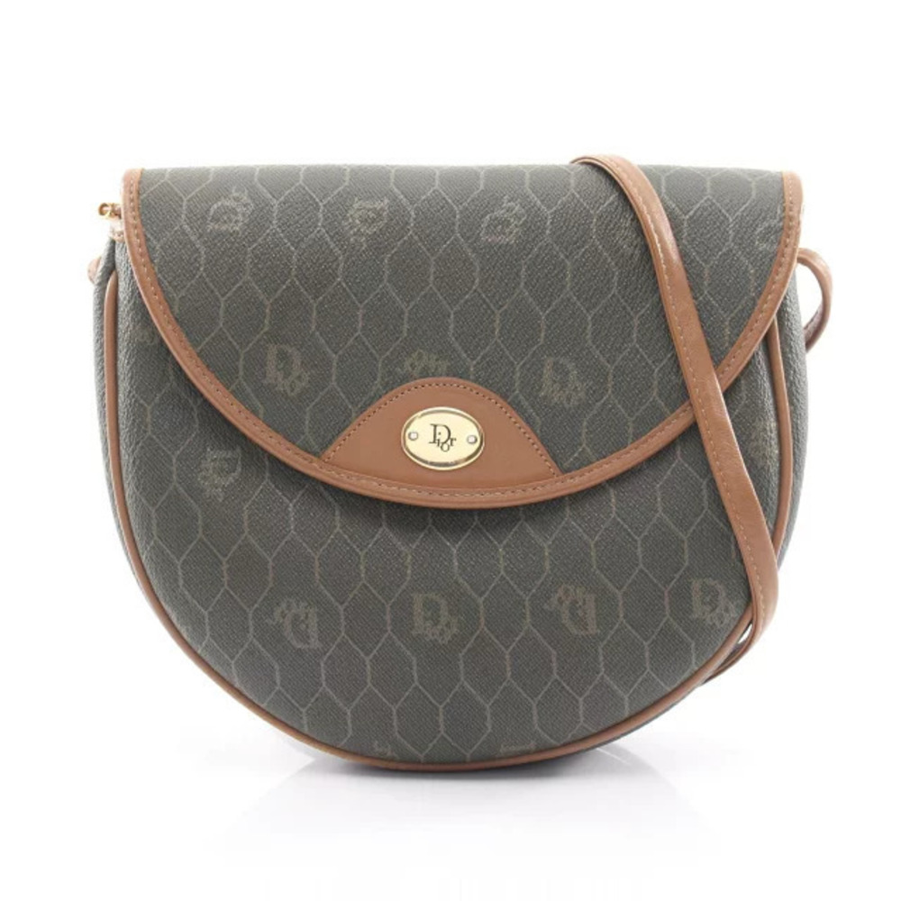 Christian Dior Honeycomb Shoulder Bag Canvas Leather Khaki Green Brown